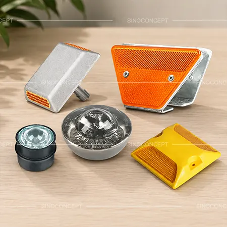 Reflective road studs range showing different sizes, colours and raised road marker designs