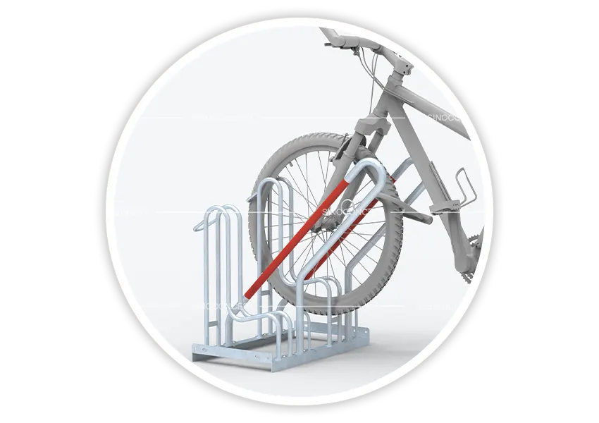S02+L01 floor bike rack with L01 locking system shown with a bicycle, bolt-down base for secure parking