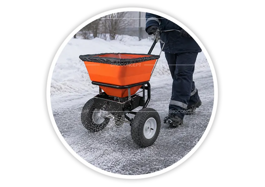 Salt spreaders used on icy outdoor pavement for winter de-icing and safer pedestrian access