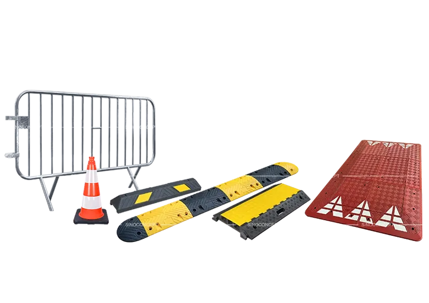 Sino Concept's traffic control, car park safety, and event management products, including crowd barriers, traffic cones, cable ramps, wheel stops, speed cushions, and speed bumps, showcasing high-quality solutions