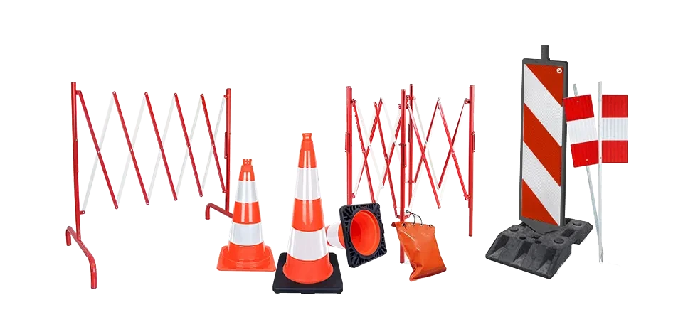 Traffic control equipment including traffic cones, expandable safety barriers, and road beacon for managing traffic flow