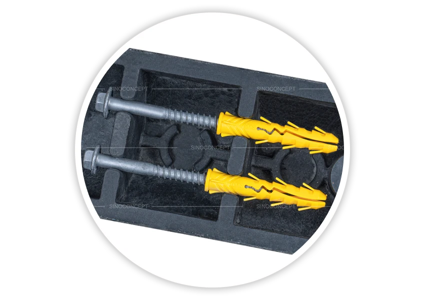 Wheel stops installation with pre-drilled holes and accessories stored underneath for easy setup on concrete and asphalt