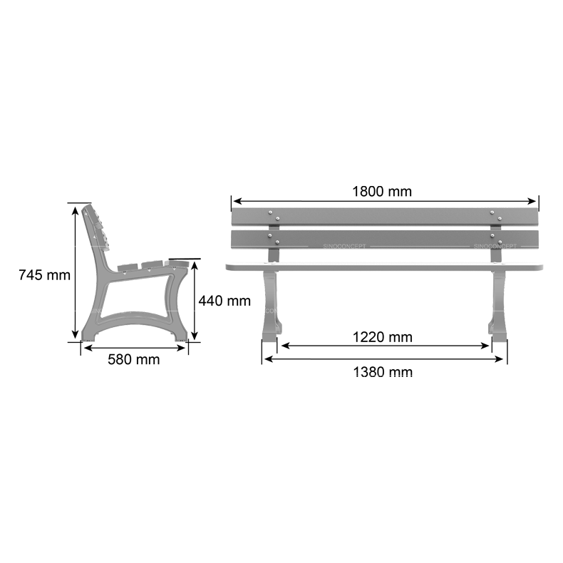 Dimension drawing of 5-slat street bench showing 1800 mm length, 745 mm height and 580 mm depth