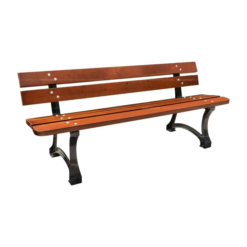 5-slat street bench with pine wood slats and powder-coated cast iron legs for public seating