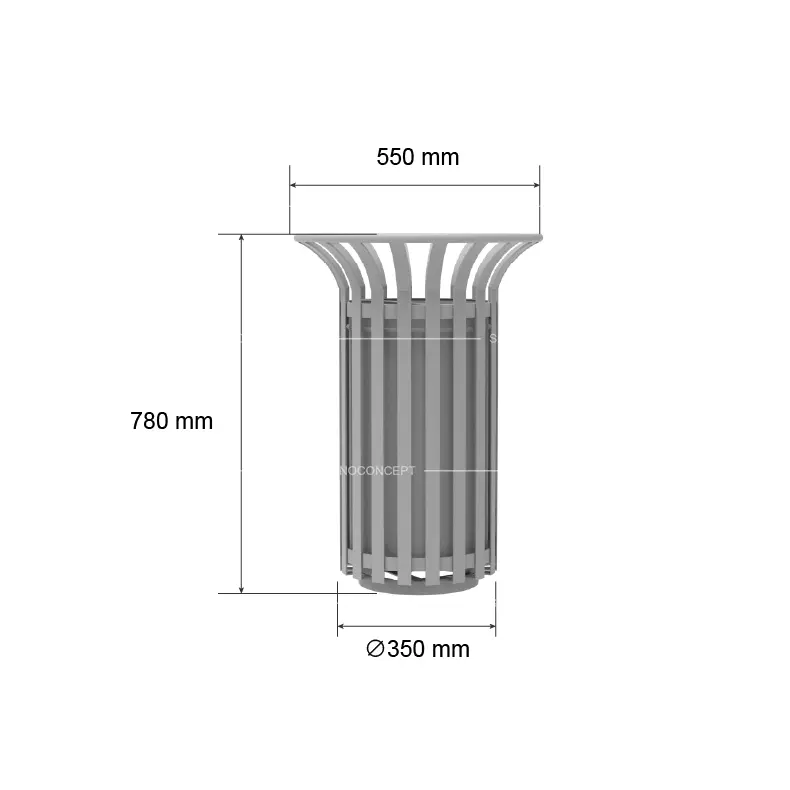 Dimension drawing of 50 L Tulip Litter Bin showing 550 mm top diameter, 350 mm base diameter and 780 mm height