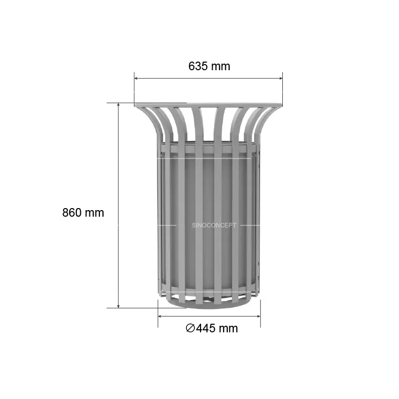 Dimension drawing of 80 L Tulip Litter Bin showing 635 mm top diameter, 445 mm base diameter and 860 mm height