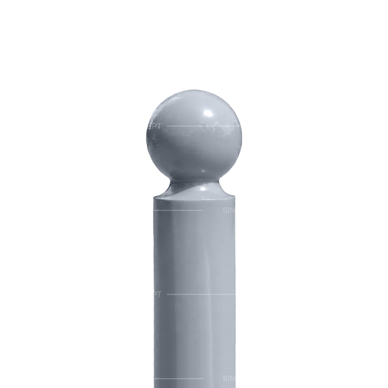 Close-up of Ø76 mm ball-top bollard showing the decorative spherical top design