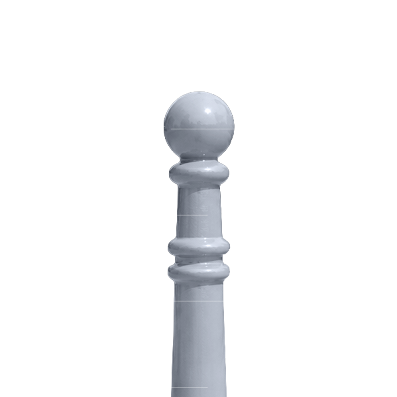 Close-up of Ø60 mm decorative bollard showing grey ball top and ornamental ring details