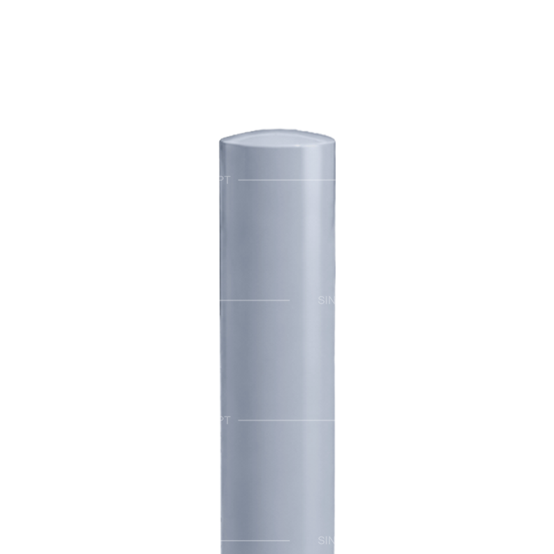 Close-up of Ø76 mm dome-top bollard showing smooth grey rounded top and steel body finish
