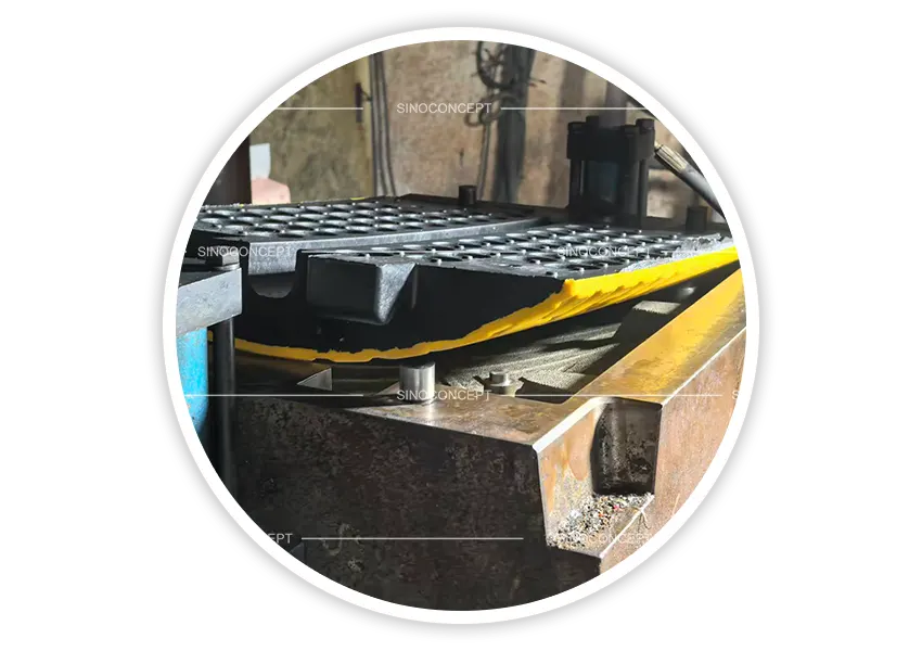 Speed bump and speed hump being moulded in a production press using plastic-rubber composite material