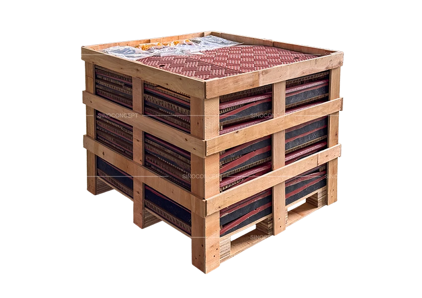 Red speed cushions packing on plywood skeleton crate, neatly stacked modules with installation accessories including screws and anchors