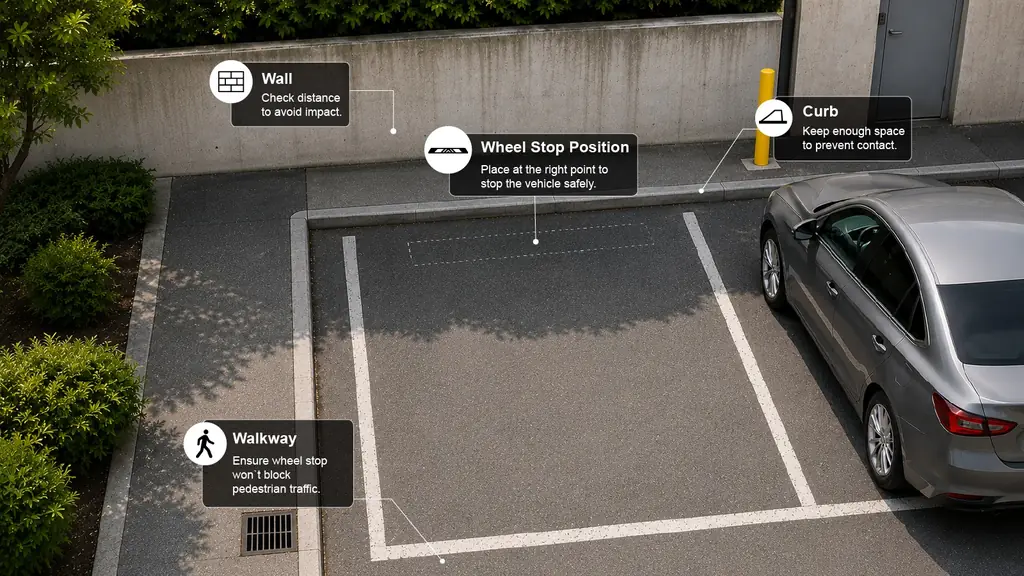 Annotated parking space showing wall clearance, curb distance, walkway access and the recommended wheel stop position.