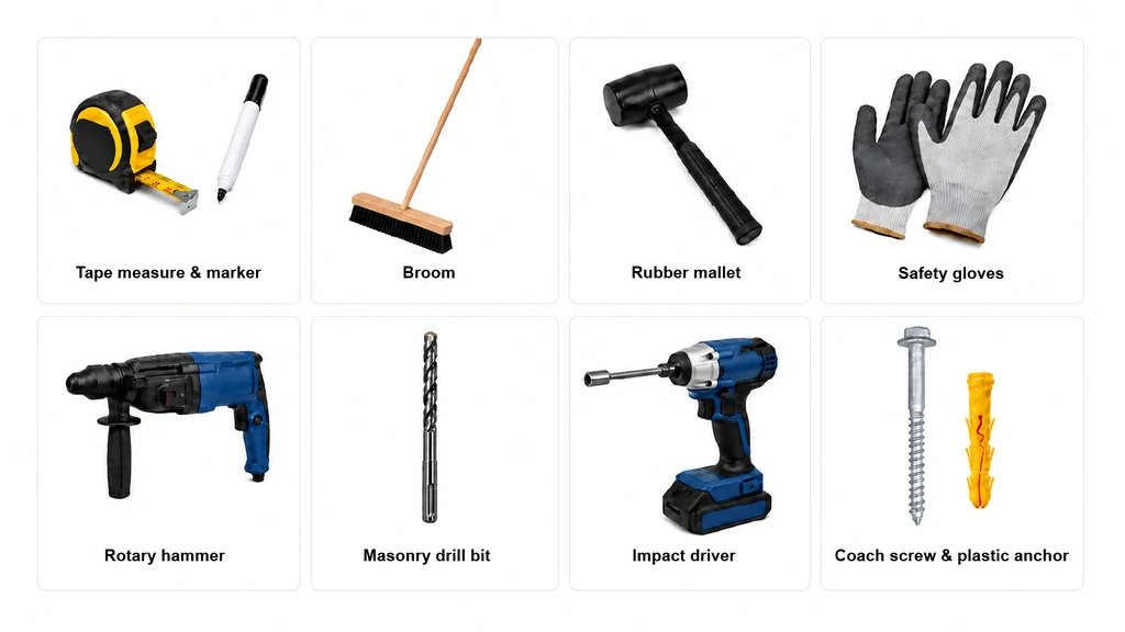 Wheel stop installation tools and fixings, including a tape measure, marker, broom, rubber mallet, safety gloves, rotary hammer, masonry drill bit, impact driver, coach screw and plastic anchor.