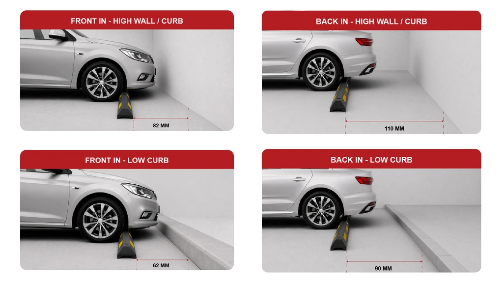 Comparison diagram showing wheel stop positioning distances for front-in and back-in parking near high walls and low curbs.