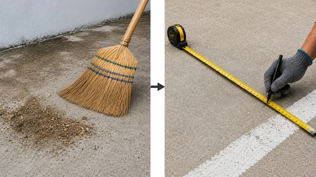 Split image showing the parking surface being swept clean, then measured and marked for wheel stop installation.