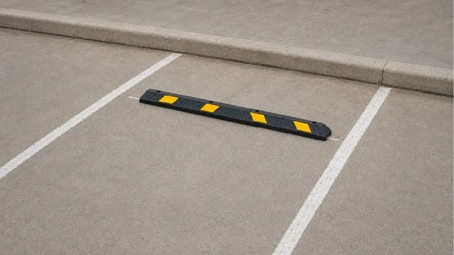 Black plastic-rubber composite wheel stop with yellow reflective films installed in an empty parking space.