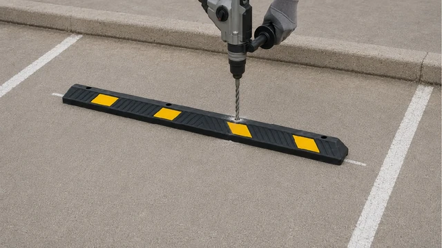 Worker drilling fixing holes through a black plastic-rubber composite wheel stop during installation in a parking space.