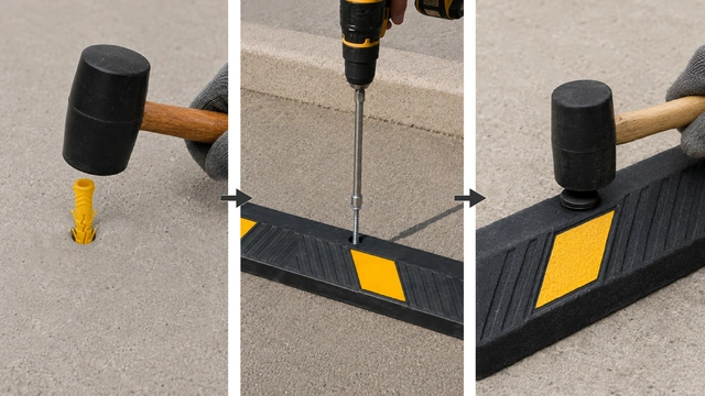Three-step wheel stop installation showing a plastic anchor inserted into the drilled hole, a coach screw tightened, and a plastic cap secured with a rubber mallet.