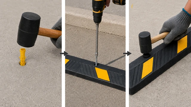 Three-step wheel stop installation showing a plastic anchor inserted into the drilled hole, a coach screw tightened, and a plastic cap being secured with a rubber mallet.