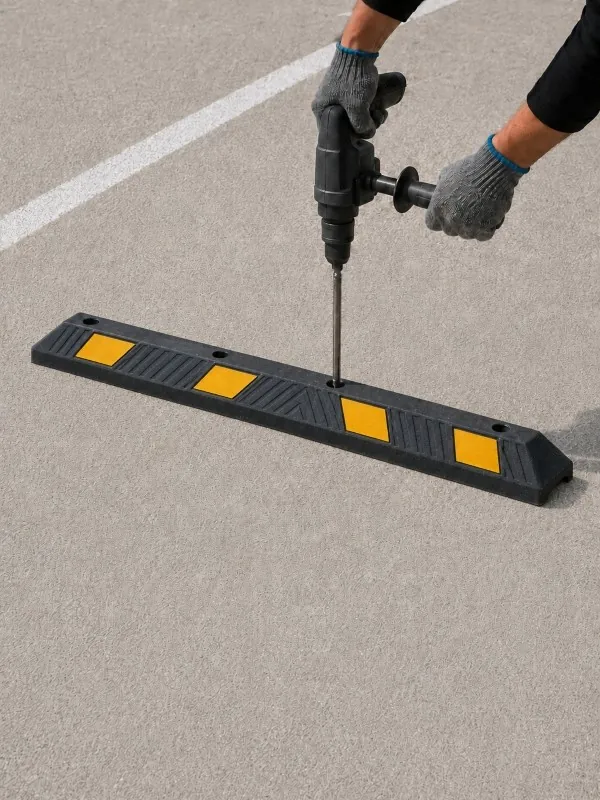 Worker drilling fixing holes through a black plastic-rubber composite wheel stop during installation.