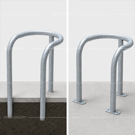 Hoop barriers and lamp post protectors showing embedded and surface-mounted installation options
