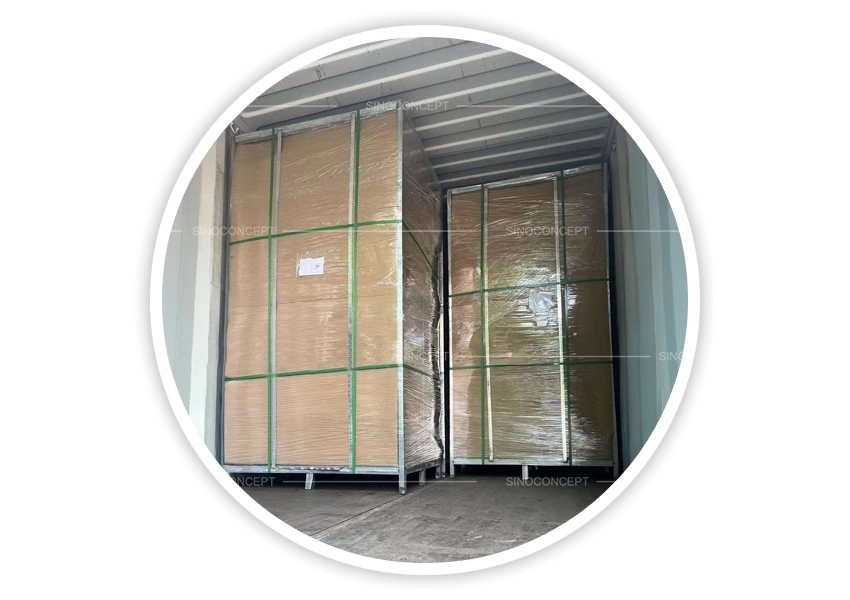 Packed hoop barriers and lamp post protectors loaded for export shipment in container