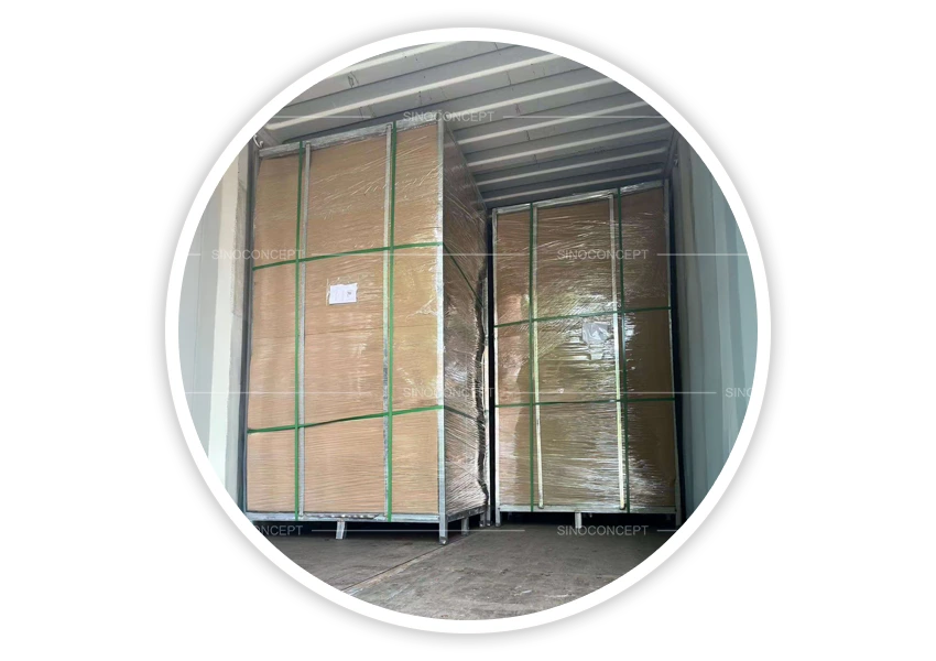 Packed hoop barriers and lamp post protectors loaded for export shipment in container