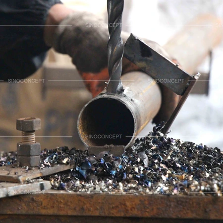 Drilling steel tube for hoop barriers and lamp post protectors during factory production