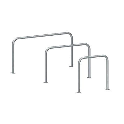 Surface-mounted hooped perimeter barrier without crossbar, in various sizes shown from different angles