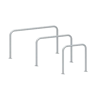 Surface-mounted hooped perimeter barrier without crossbar, in various sizes shown from different angles