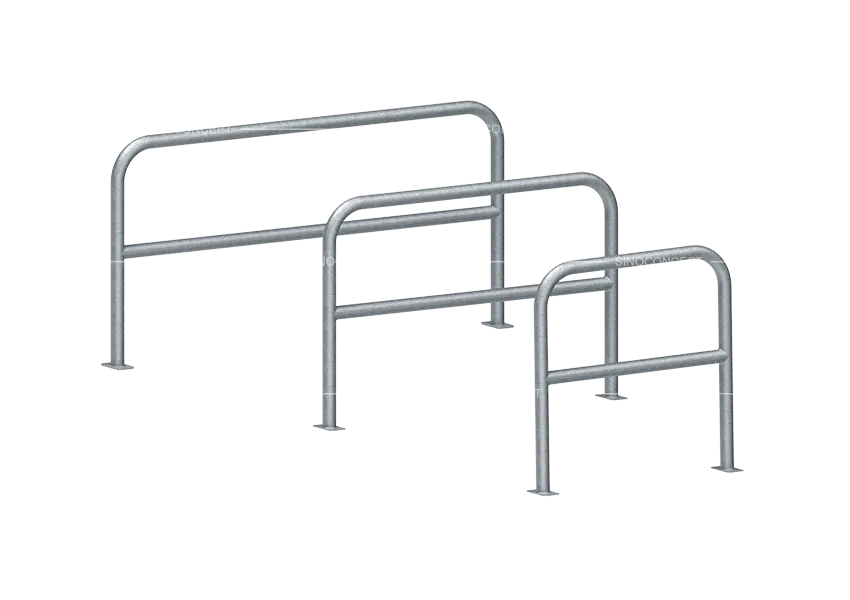 Multi-size hooped perimeter barriers with crossbar in galvanised steel for site protection and pedestrian guidance