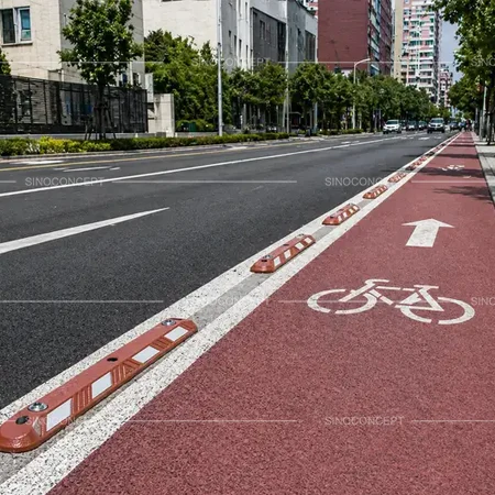 Lane dividers installed on narrow urban roads for permanent or temporary cycling lane separation
