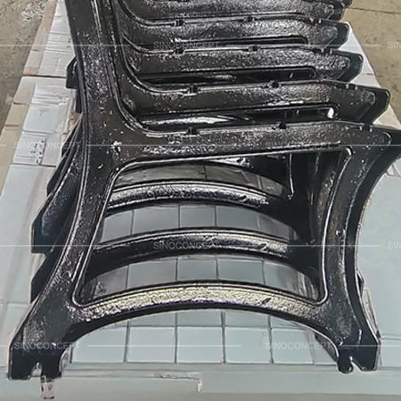 Outdoor benches and seating cast iron legs stacked in the workshop before bench assembly