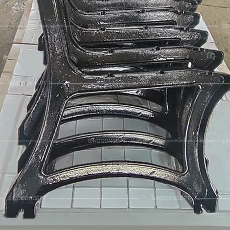 Outdoor benches and seating cast iron legs stacked in the workshop before bench assembly