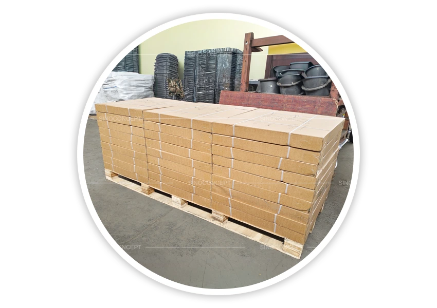 Outdoor benches and seating parts packed on pallets for export-ready shipment and container loading