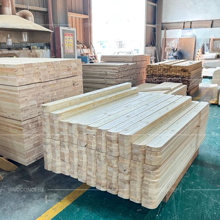 Outdoor benches and seating wooden slats prepared in the factory for bench seat and backrest production