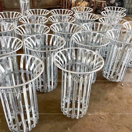 Batch of outdoor litter bins after hot-dip galvanising for outdoor corrosion resistance