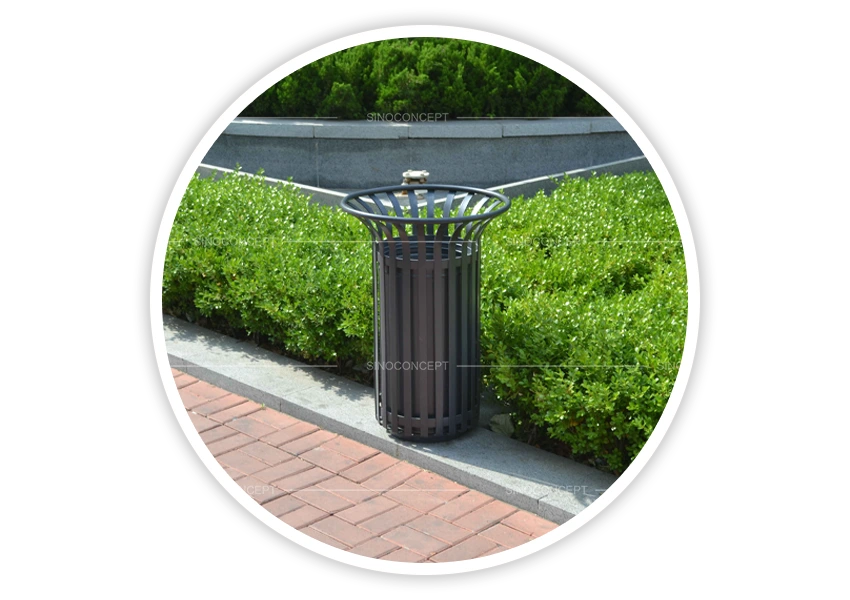 Tulip-style outdoor litter bins installed in public area for fixed outdoor waste collection
