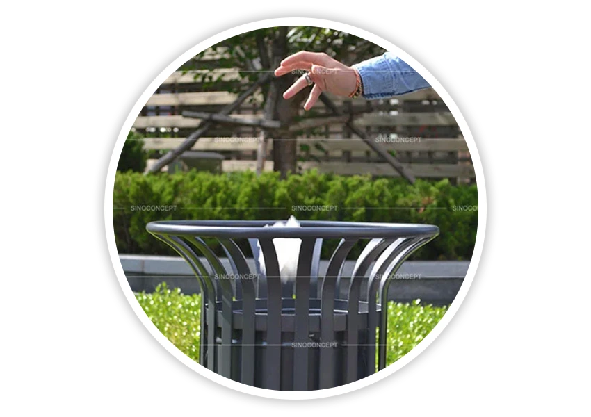 Close-up of outdoor litter bins showing open top design for public waste disposal