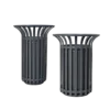 Grey outdoor litter bins with vertical slatted steel body for streets and public spaces