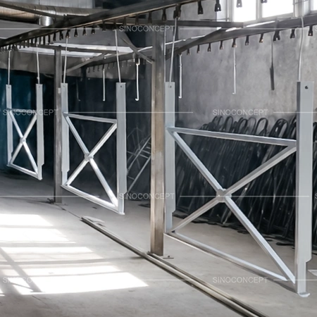 Close-up of pedestrian guardrails showing welded cross frame and finished coated surface