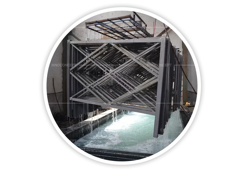 Pedestrian guardrails during hot-dip galvanising process for outdoor corrosion protection