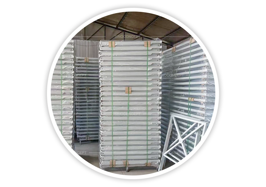 Packed pedestrian guardrails stacked in warehouse for storage and export shipment