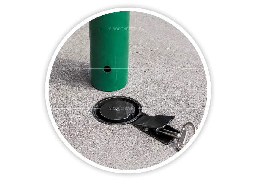 Removable bollard socket with locking cover and key for flexible access control on paved surfaces