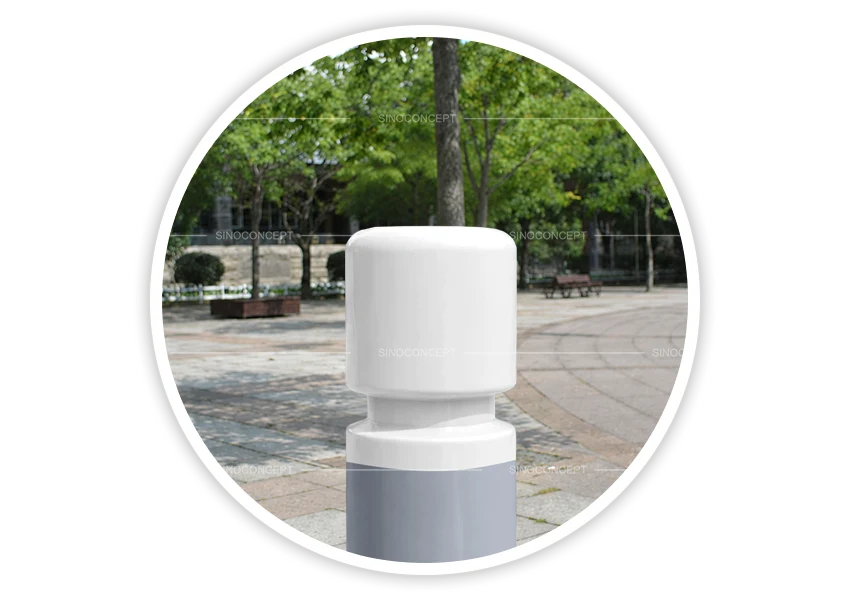 Grey single-groove bollard with white DDA-compliant top for pedestrian area access control