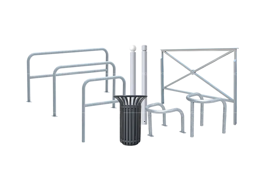 Full range of street furniture including bollards, guardrails, hoop barriers and outdoor litter bins