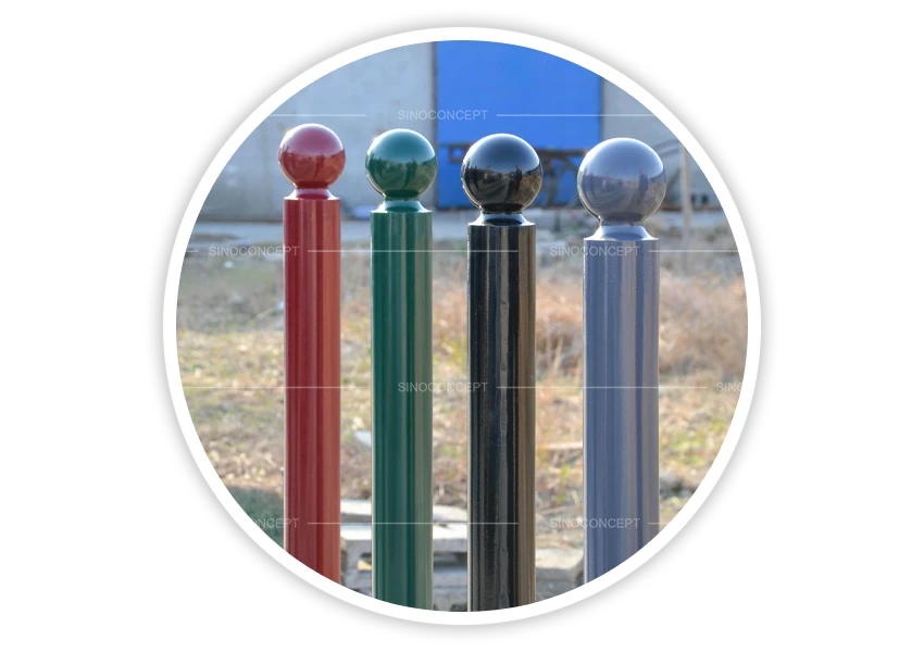 Street furniture bollards in standard RAL colours with ball tops for public space layouts