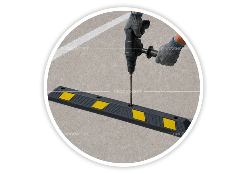 Worker drilling into concrete through a black wheel stop with yellow reflective films.