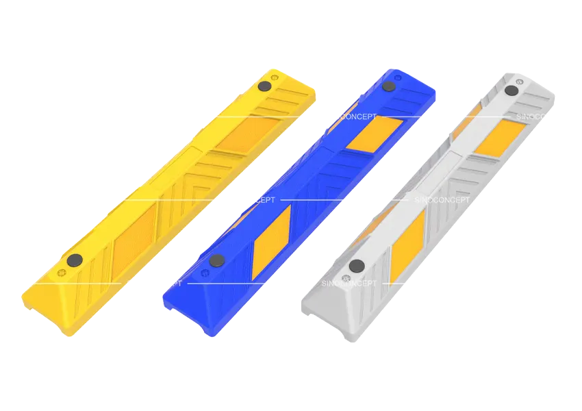 Wheel stops custom colours with reflective inserts for car park parking bays