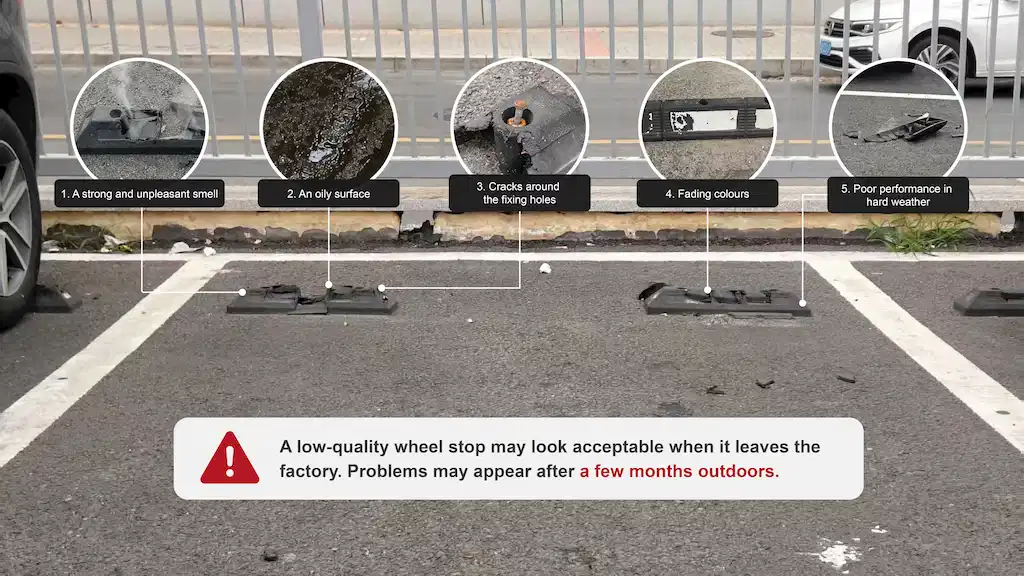 Low-quality wheel stop showing cracks, surface damage and outdoor weathering issues